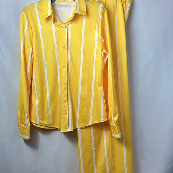 Women's 2 Piece Outfits Stripe Long Sleeve Button Down Shirt Wide Leg Long Pants - Picture 5 of 5